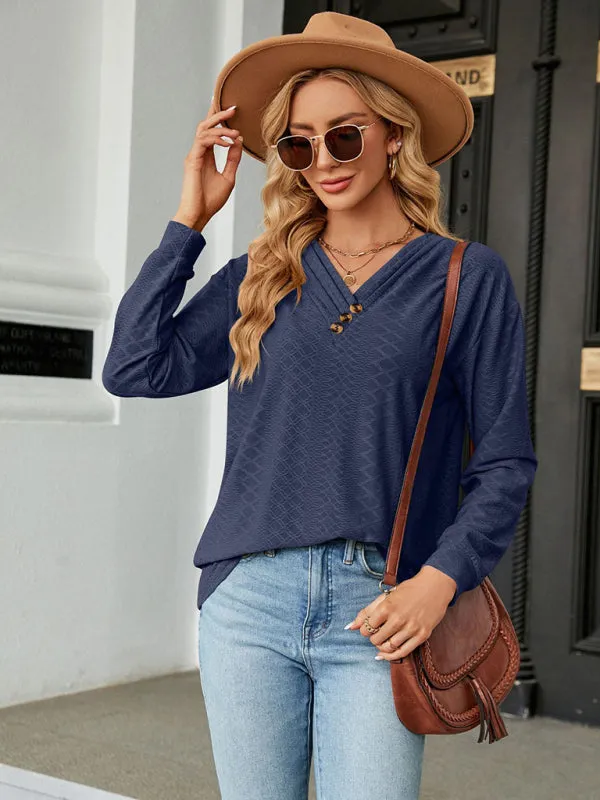 V Neck Button Loose Long Sleeve T-Shirt Top Women's Clothes