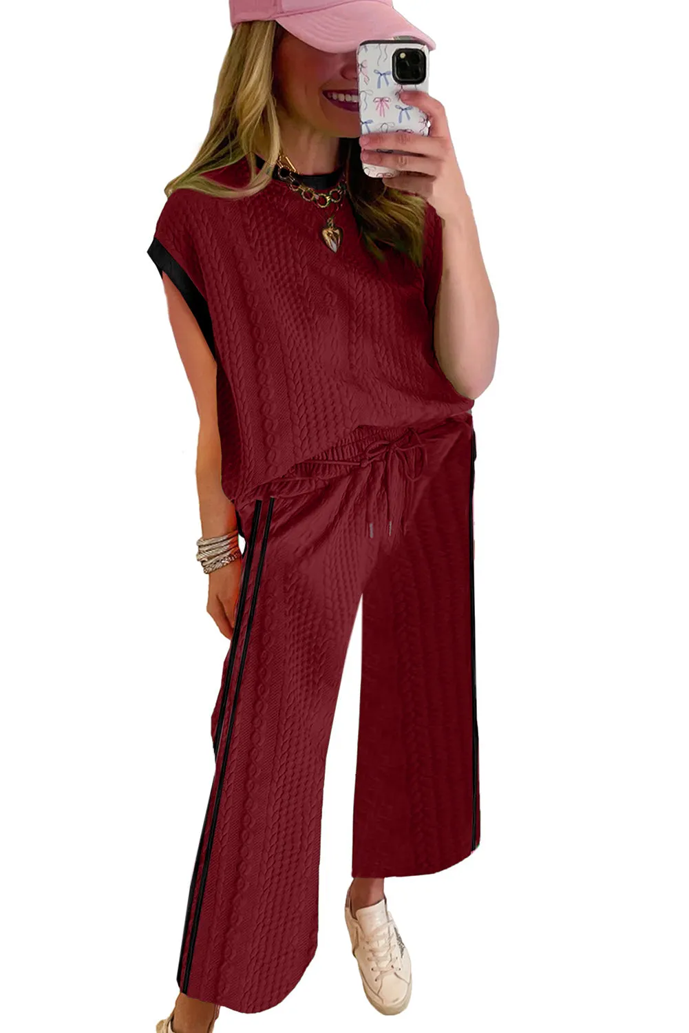 Women's 2 Piece Lounge Sets Casual Cap Sleeve Pullover Tops and Drawstring Wide Leg Pants Tracksuit Sets