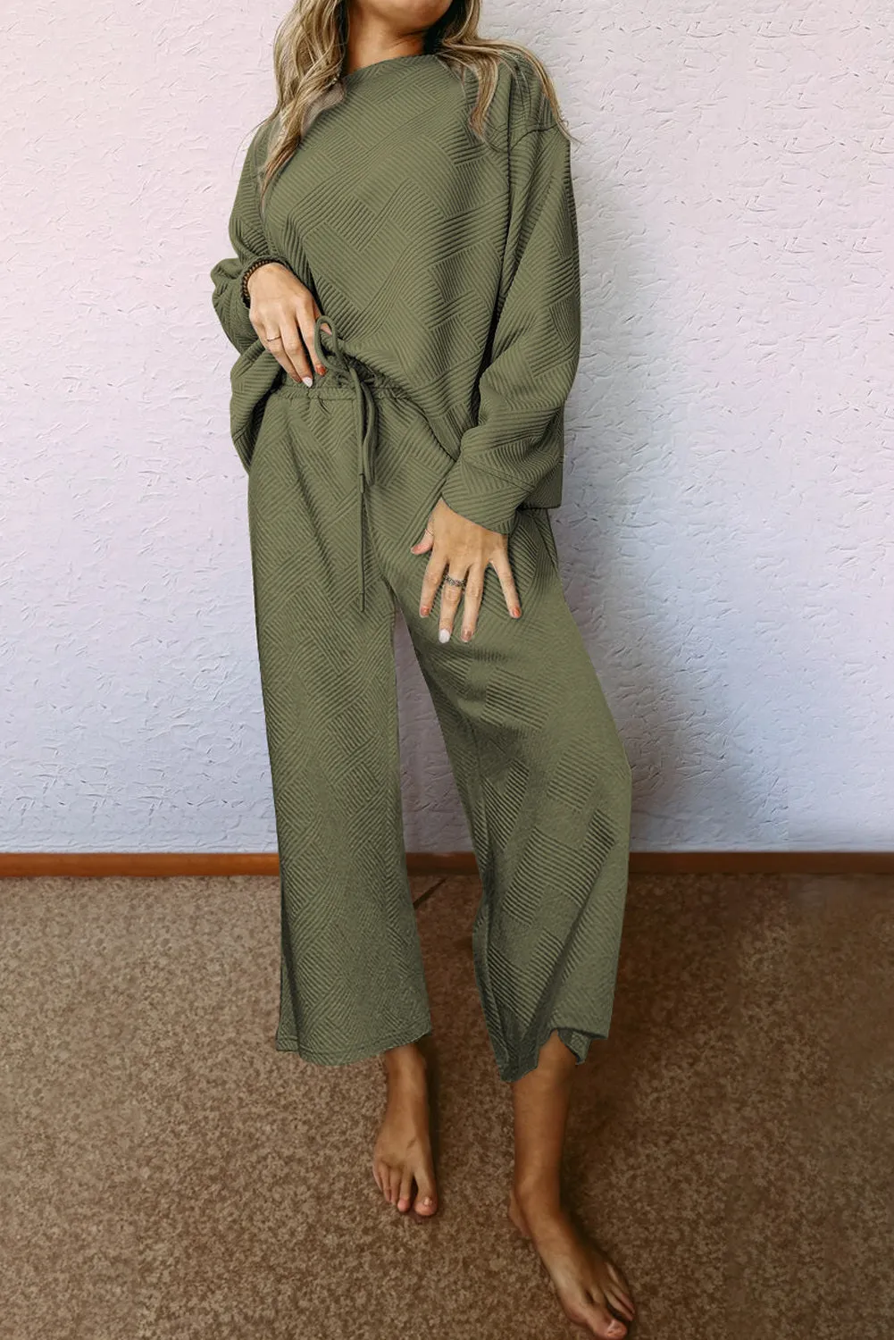 Women's 2 Piece Outfits Sweatsuit Casual Long Sleeve Pullover Tops and Drawstring Wide Leg Pants Lounge Sets