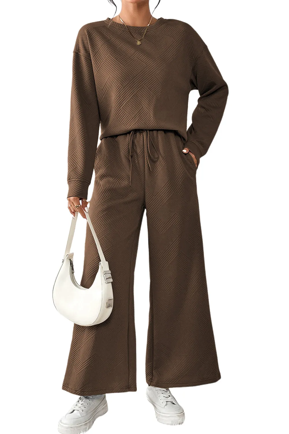 Women's 2 Piece Outfits Sweatsuit Casual Long Sleeve Pullover Tops and Drawstring Wide Leg Pants Lounge Sets