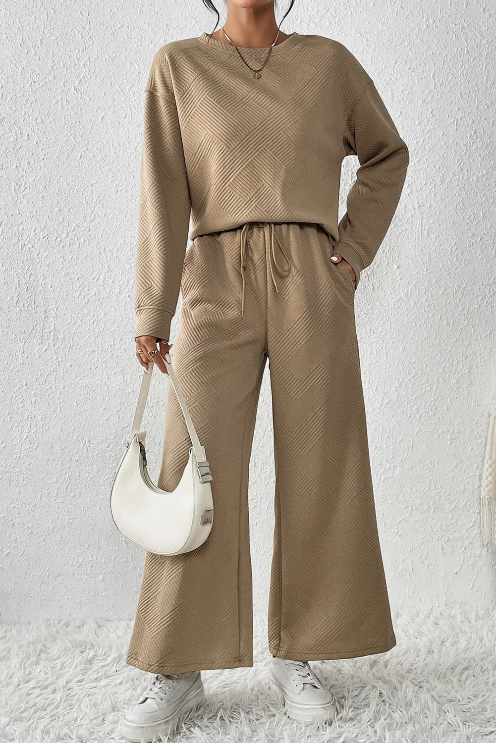 Women's 2 Piece Outfits Sweatsuit Casual Long Sleeve Pullover Tops and Drawstring Wide Leg Pants Lounge Sets