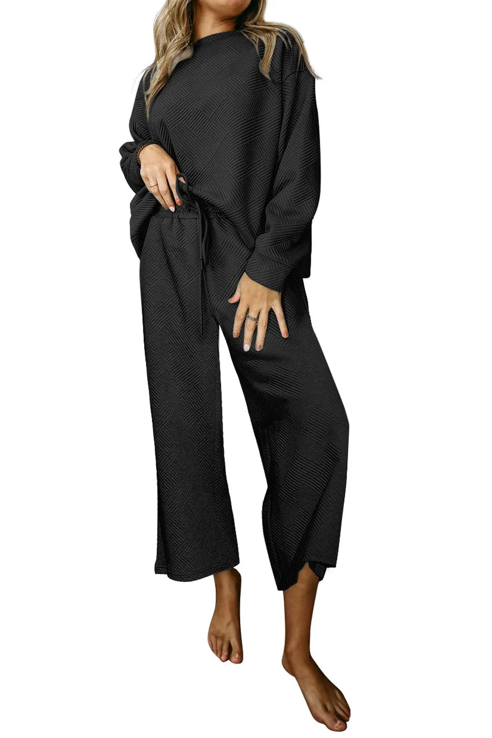 Women's 2 Piece Outfits Sweatsuit Casual Long Sleeve Pullover Tops and Drawstring Wide Leg Pants Lounge Sets