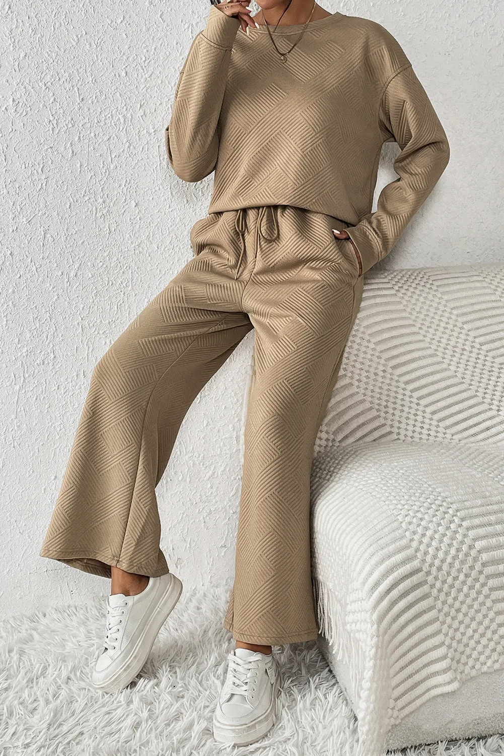 Women's 2 Piece Outfits Sweatsuit Casual Long Sleeve Pullover Tops and Drawstring Wide Leg Pants Lounge Sets