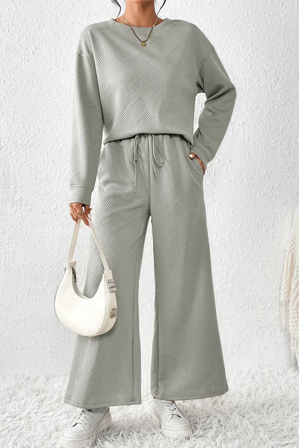 Women's 2 Piece Outfits Sweatsuit Casual Long Sleeve Pullover Tops and Drawstring Wide Leg Pants Lounge Sets