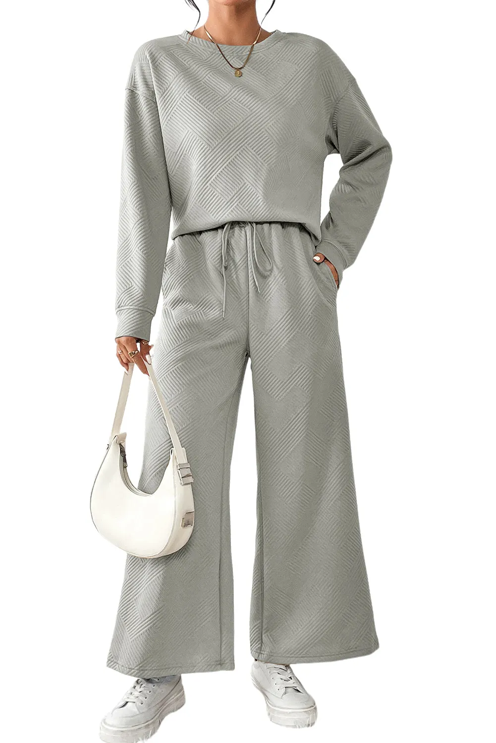 Women's 2 Piece Outfits Sweatsuit Casual Long Sleeve Pullover Tops and Drawstring Wide Leg Pants Lounge Sets