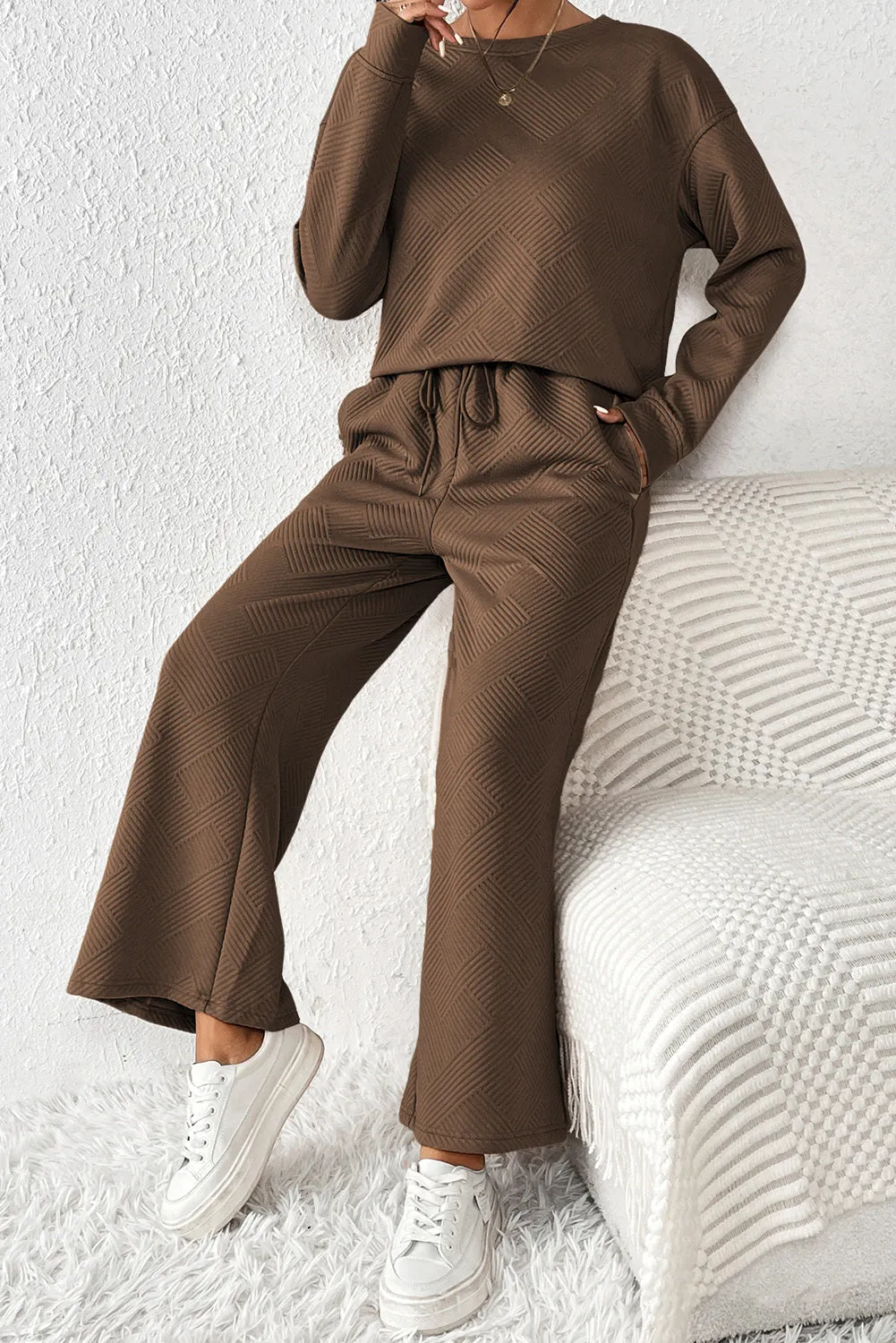 Women's 2 Piece Outfits Sweatsuit Casual Long Sleeve Pullover Tops and Drawstring Wide Leg Pants Lounge Sets