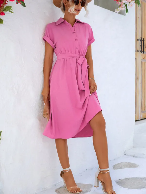 Women's Elegant Casual Button Shirt Waist Tie Dress