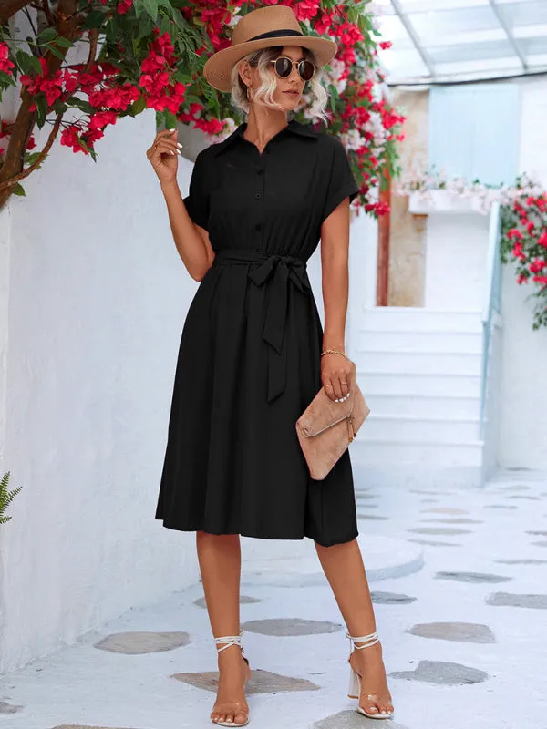 Women's Elegant Casual Button Shirt Waist Tie Dress