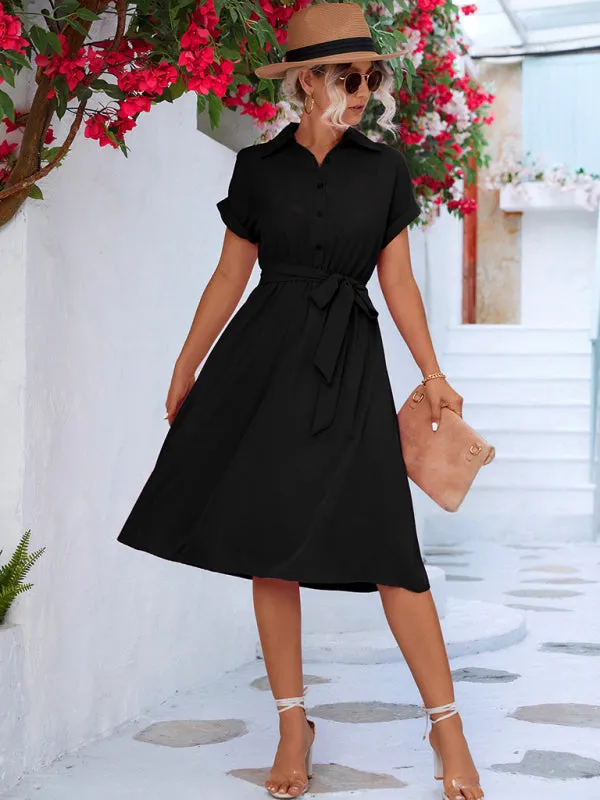 Women's Elegant Casual Button Shirt Waist Tie Dress