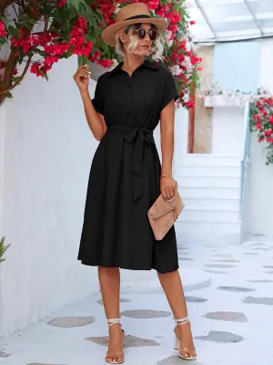 Women's Elegant Casual Button Shirt Waist Tie Dress