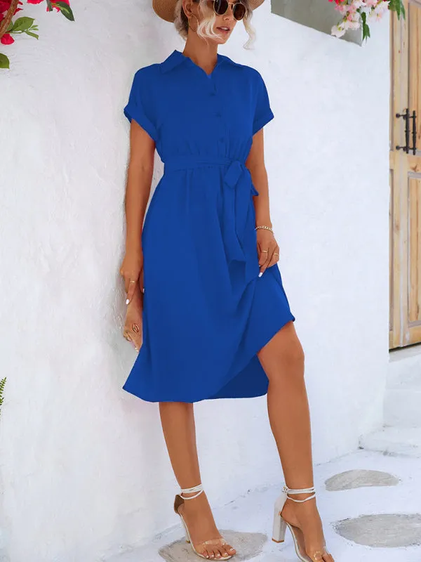 Women's Elegant Casual Button Shirt Waist Tie Dress