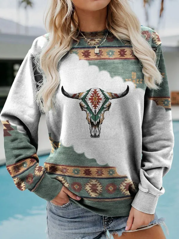 Women's Long Sleeve Crewneck Western Print Sweatshirt