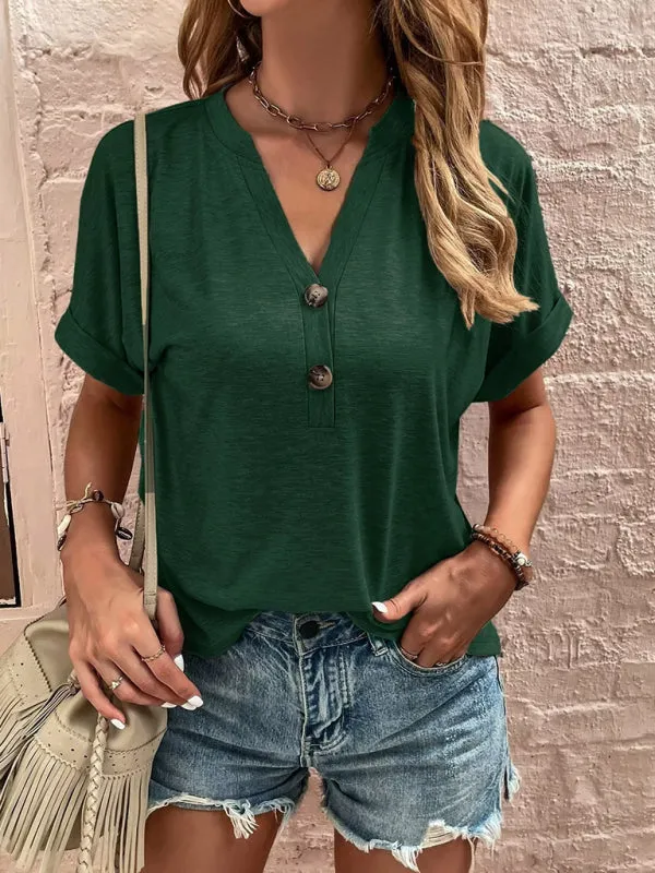 Women's solid color casual button-up short-sleeve T-shirt