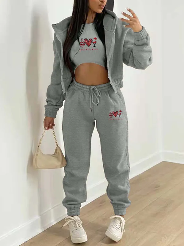 Women's  Valentine's Day Christmas love wine glass printed hooded sports and leisure suit (three-piece set)