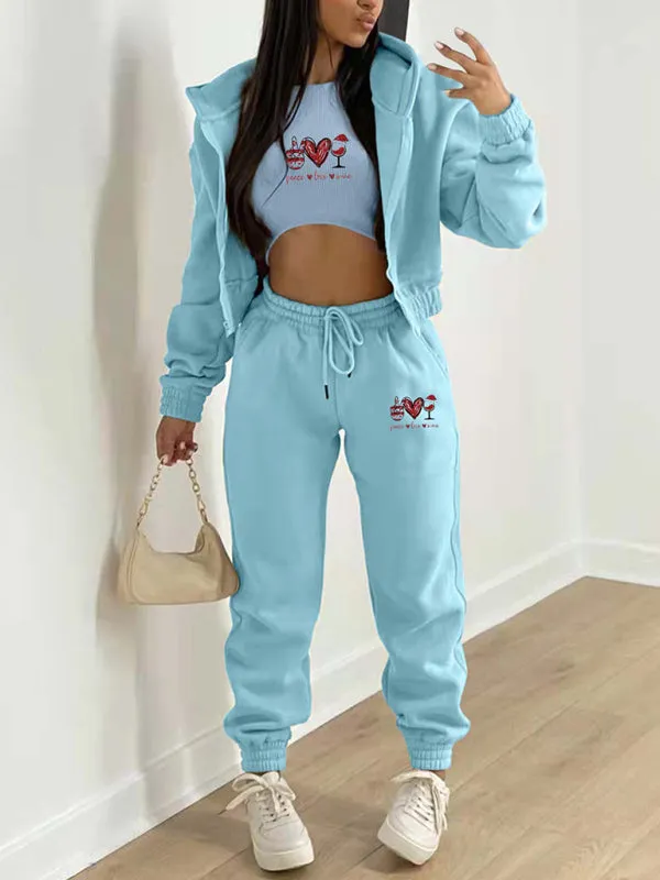 Women's  Valentine's Day Christmas love wine glass printed hooded sports and leisure suit (three-piece set)