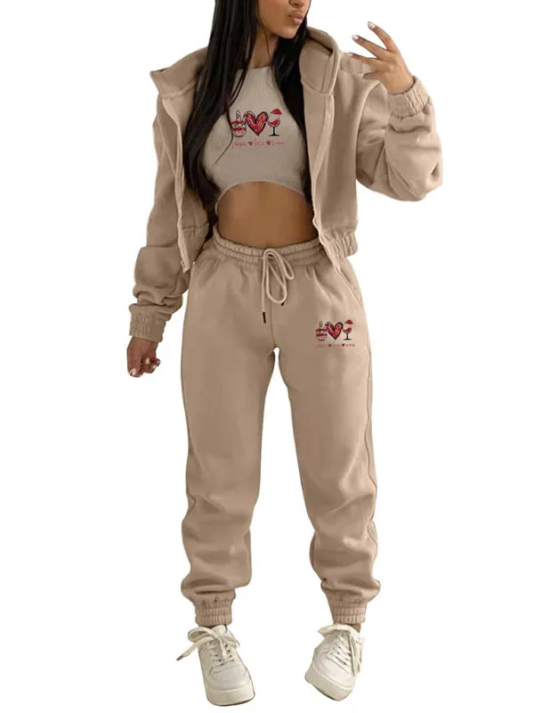 Women's  Valentine's Day Christmas love wine glass printed hooded sports and leisure suit (three-piece set)