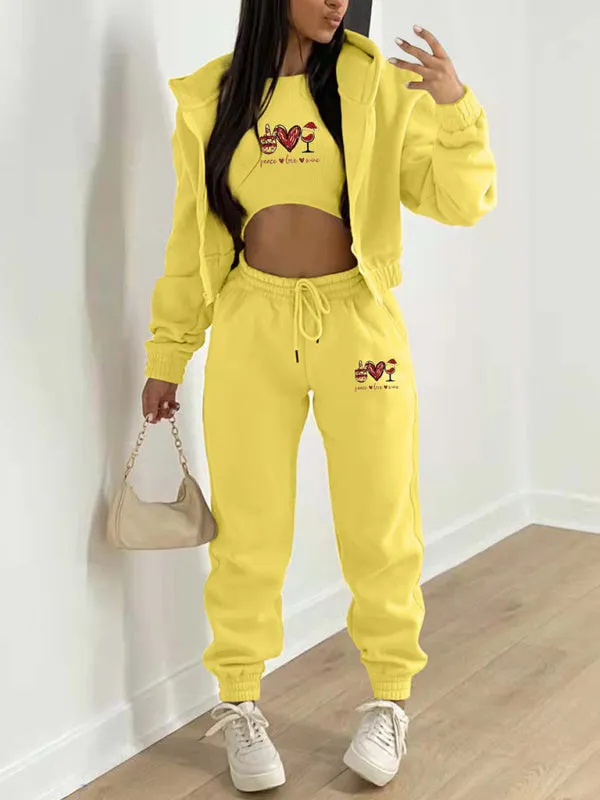 Women's  Valentine's Day Christmas love wine glass printed hooded sports and leisure suit (three-piece set)