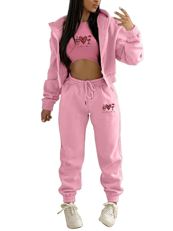 Women's  Valentine's Day Christmas love wine glass printed hooded sports and leisure suit (three-piece set)