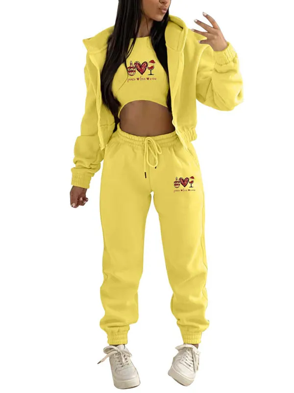 Women's  Valentine's Day Christmas love wine glass printed hooded sports and leisure suit (three-piece set)