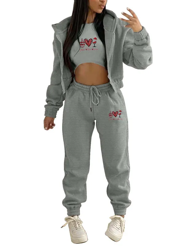 Women's  Valentine's Day Christmas love wine glass printed hooded sports and leisure suit (three-piece set)