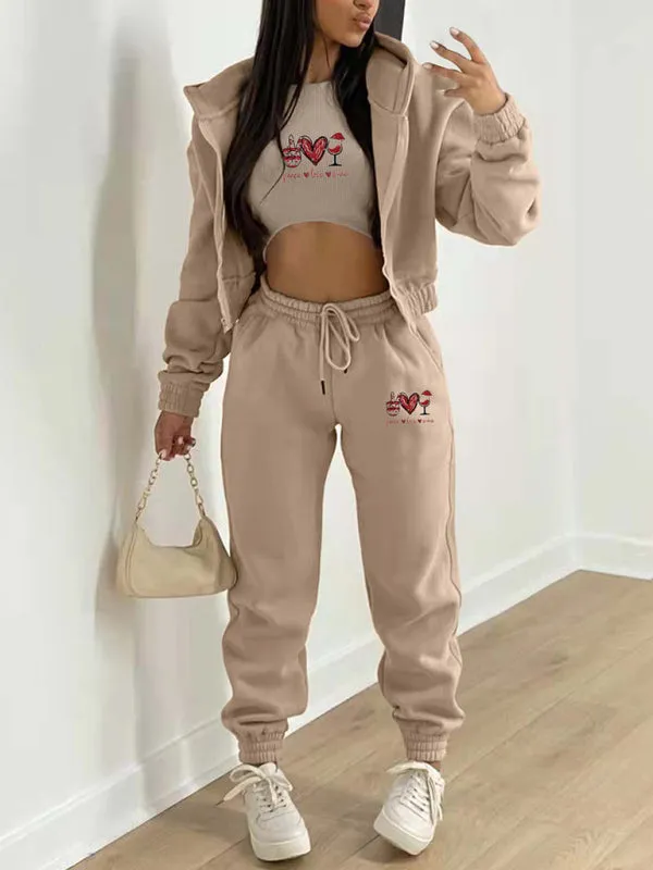 Women's  Valentine's Day Christmas love wine glass printed hooded sports and leisure suit (three-piece set)