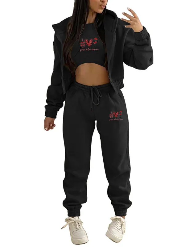 Women's  Valentine's Day Christmas love wine glass printed hooded sports and leisure suit (three-piece set)