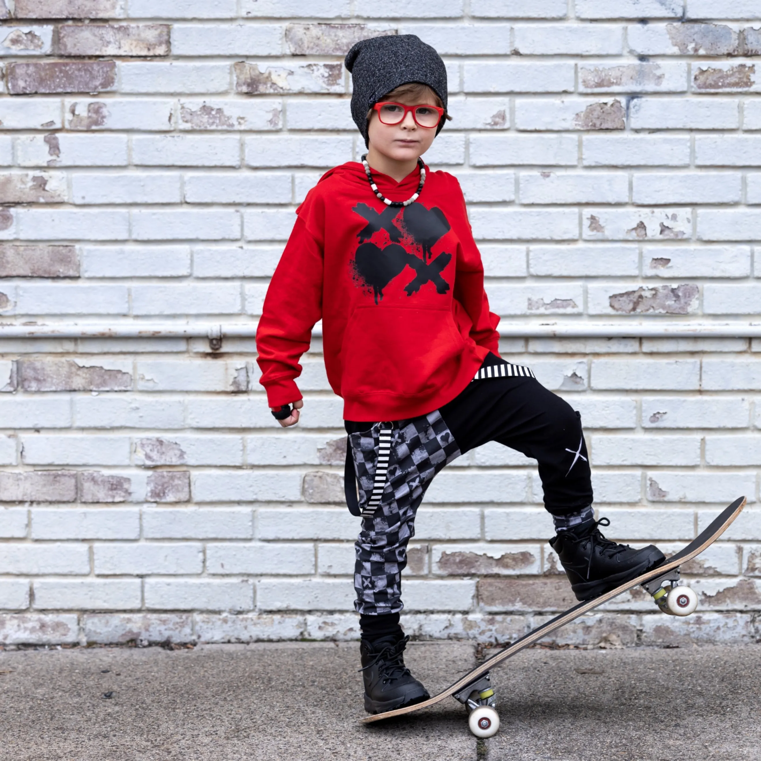 XO Valentines Punk Jogger Monochrome Pants for kids in Grey and Black  Checkerboard With Straps Unisex Boys Girls Sizes