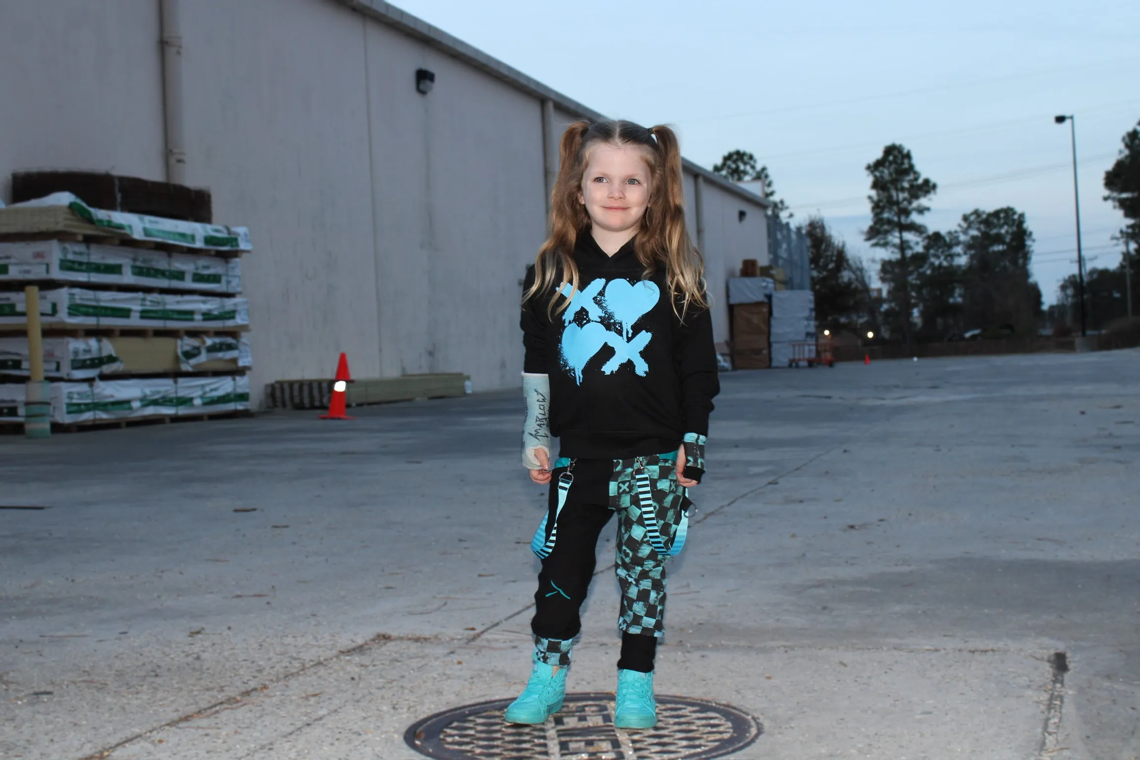 XO Valentines Punk Jogger Pants for kids in Blue and Black  Checkerboard With Straps Unisex Boys Girls Sizes